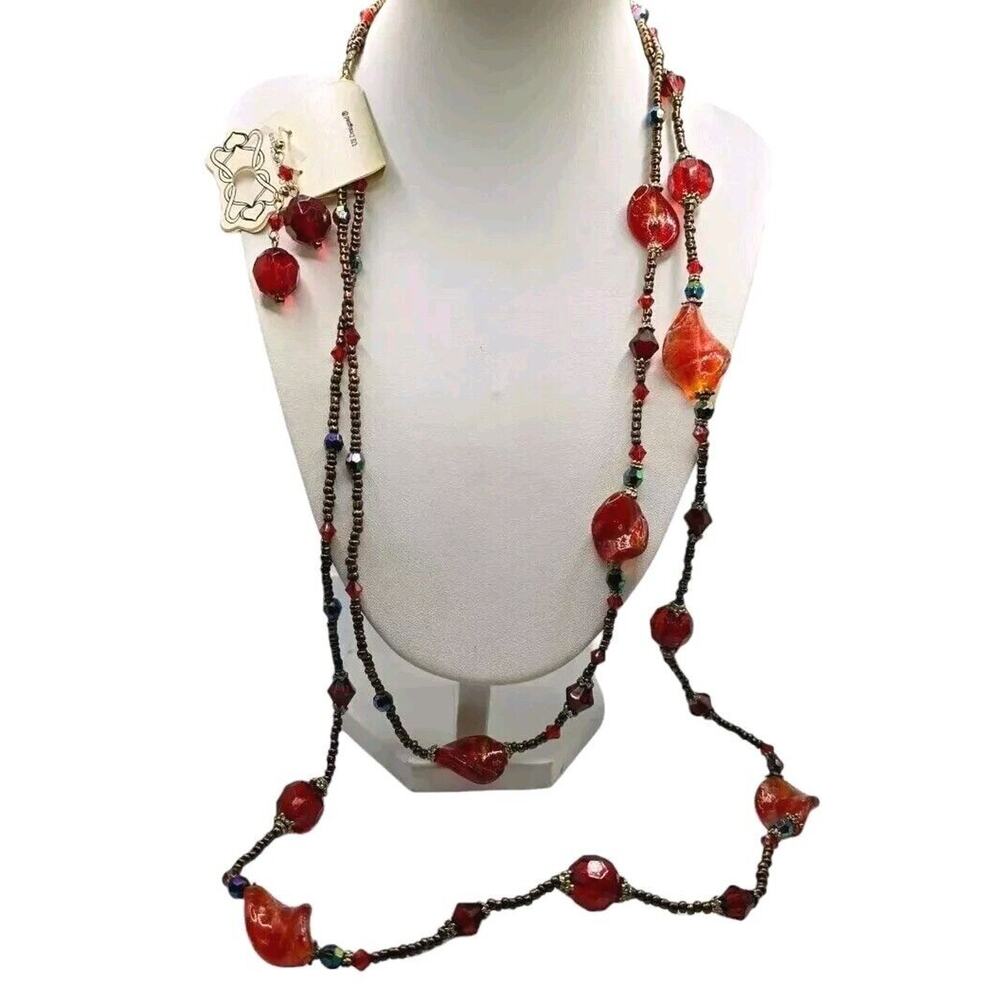 Necklace Set Layered Red Orange Glass Acrylic Beads Matching Earrings SKU2034